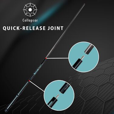 Більярдний кий Collapsar з карбону, 3-х частинний, 12.9 мм, Power Break, 590 г, Punsch Spring, чорний з синім