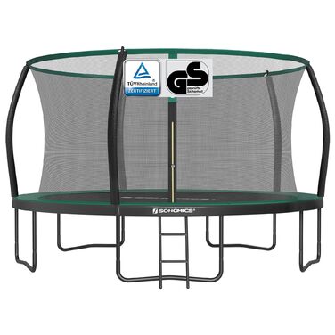 Трамплін SONGMICS Outdoor Ø 244/305/366/427 см, круглий, для саду, з сіткою безпеки, захисним покриттям, сходами та м'якими стійками (427 см, Чорний + Темно-зелений)