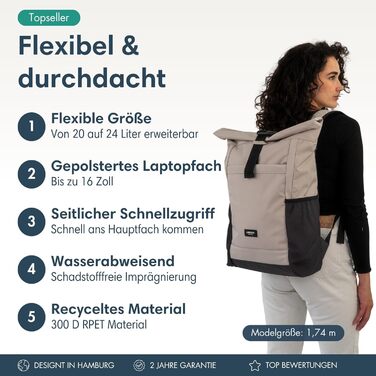 Жіночий рюкзак LARKSON Rolltop No 2, бежево-сірий, для ноутбука 16'' – водостійкий, антивандальний, для школи, університету, роботи, велосипеда, екологічний
