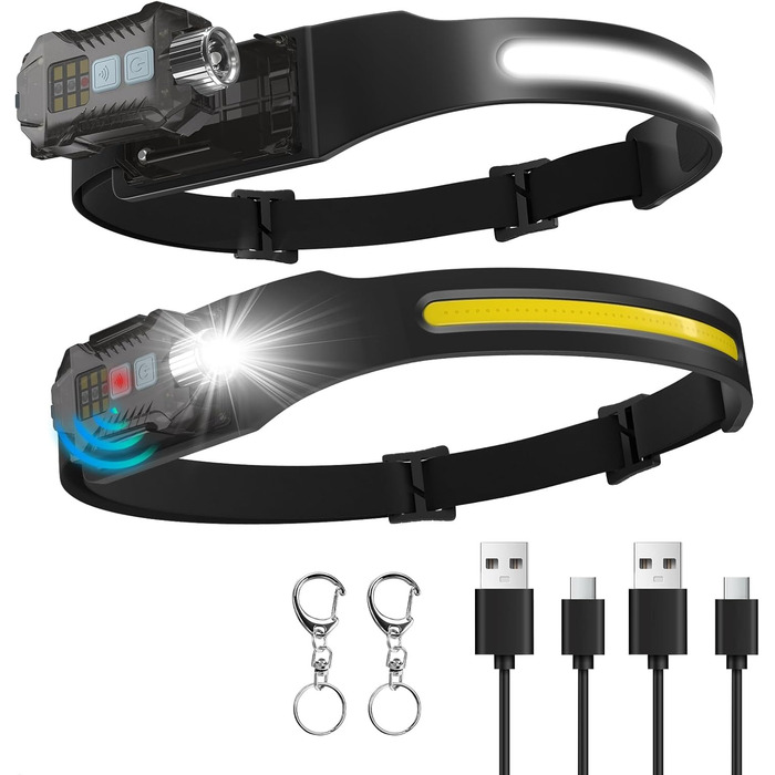 LED налобний ліхтар налобний ліхтар з акумулятором, 400 люмен, 230° широкий кут, датчик, знімний, 9 режимів світла, водонепроникний IPX65, для піших прогулянок, кемпінгу, бігу (2 шт.)