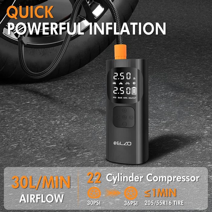 Електричний компресор ELZO для велосипедів, м'ячів та авто: 150 PSI, 7500mAh, LCD-дисплей, автостоп