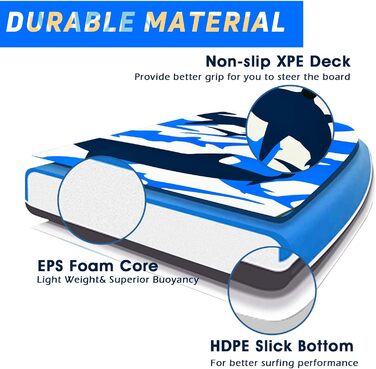 Дошка для плавання HOMASIS з ручкою, антиковзна XPE+HDPE, серфборд із малюнком акули, для дітей і дорослих, синя
