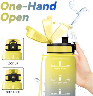 Спортивна пляшка для води 1л з маркуванням часу, фільтром, для напоїв з газом, без витоку, для велосипеда, бігу, дорослих (жовто-королівсько-блакитна)