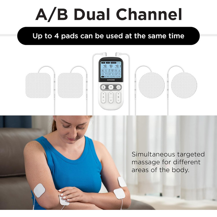 4-в-1 Пристрій для DIY електростимуляції EMS, масажер м'язів та нервів, терапевтичний пристрій TENS з двома каналами для зняття болю, схвалений FDA, з 12 електродними подушечками (білий)