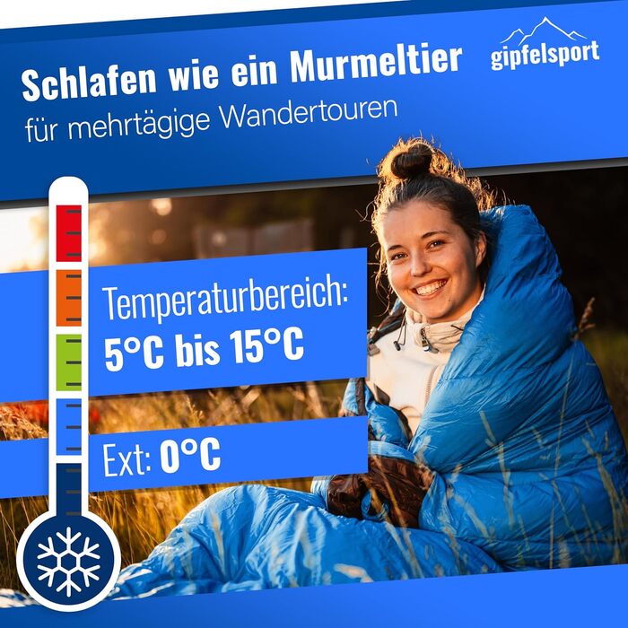 Сплячий мішок Gipfelsport Ultraleicht 4 сезони [-20°C - 15°C] | Ultralight, для трекінгу, кемпінгу та подорожей, -5°C, блакитний