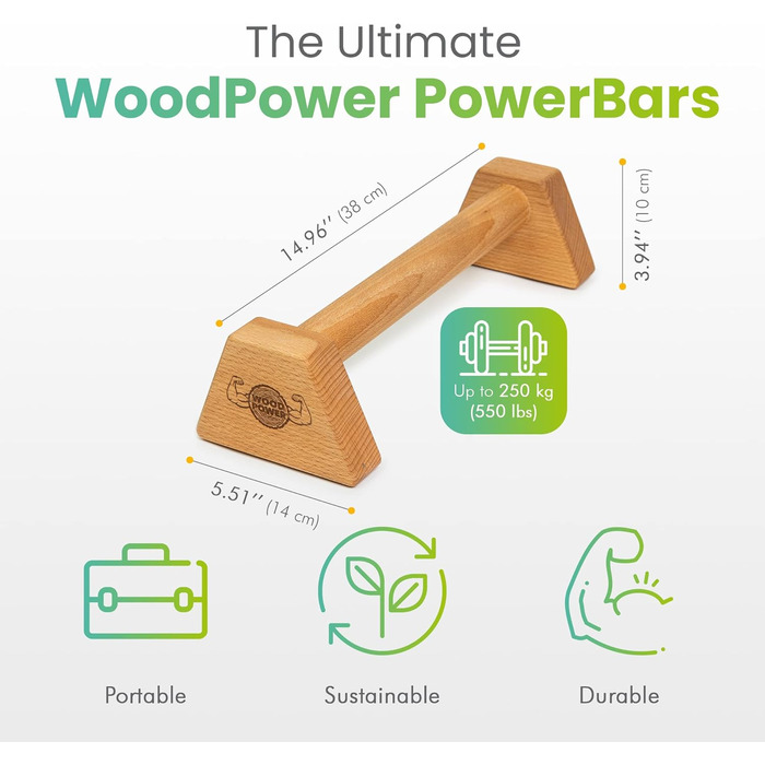 Дерев'яні упори WOODPOWER PowerBars XS-Long для віджимань, стійки на руках та йоги, нековзкі, для занять каллістенікою та фітнесом у приміщенні і на вулиці