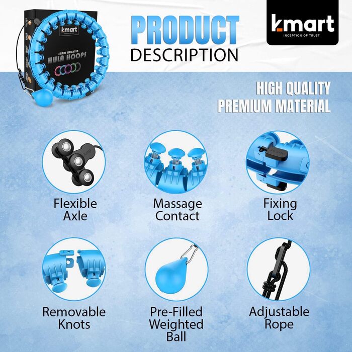 Розумний фітнес-хулахуп K-MART з 24 знімними сегментами для дорослих, масажний обруч із вантажем, 360° обертання, для схуднення, гімнастики, рожево-блакитний