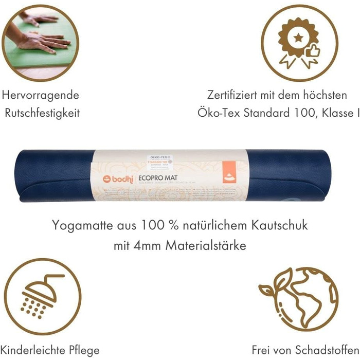 Йога-мат Bodhi ECO PRO XL 200×60×0,4 см, натуральний каучук, антисліп, екологічний, для йоги та пілатесу, океан