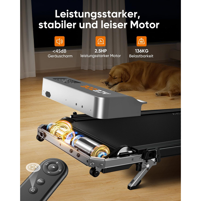 Біговий тренажер 6 в 1 для дому, складний, з регулюванням нахилу 10% та ручками. Макс. вантажність 135 кг, LED-дисплей, пульт дистанційного керування та додаток. Чорний та сірий.