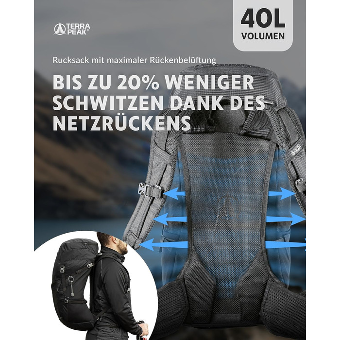 Рюкзак Terra Peak 40 л з вентильованою спинкою, тримачем для питної системи та дощовиком, туристичний рюкзак для походів і прогулянок, чорний