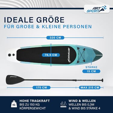 Набір для SUP-бордингу ArtSport Stand Up Paddle Board надувний 320 см, до 150 кг: з поводком, насосом, веслом, сумкою та аксесуарами - блакитно-смугастий