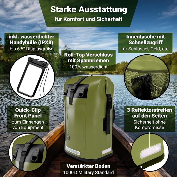 Водонепроникний рюкзак Scandic Nature Pioneer з ролтоп закриттям 35L/55L, чорний, жовтий, оливково-зелений - надміцний завдяки дну з 1000D PVC тканини, водонепроникний чохол для телефону IPX8, 35 літрів