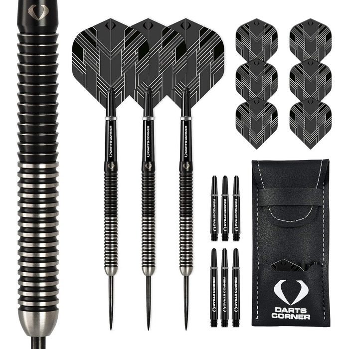 Набір дротиків Darts Corner BlackFin з високоякісного 90% вольфраму, прямий стальний стрижень, 6 оперень, 6 стрижнів, карта Checkout і футляр, 22 г, 24 г, 26 г