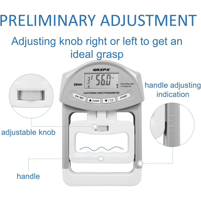 Цифровий динамометр GRIPX для вимірювання сили хвата, автоматичний, 90 кг / 198 lbs (сірий)