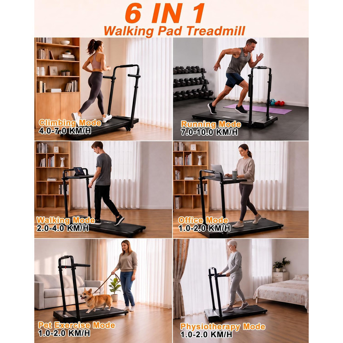 Бігова доріжка Walking Pad 6-в-1 з нахилом 3–15%, регульованою ручкою та столом, швидкість 1–12 км/год, 8-точкова амортизація, LED-дисплей, пульт ДК, до 130 кг