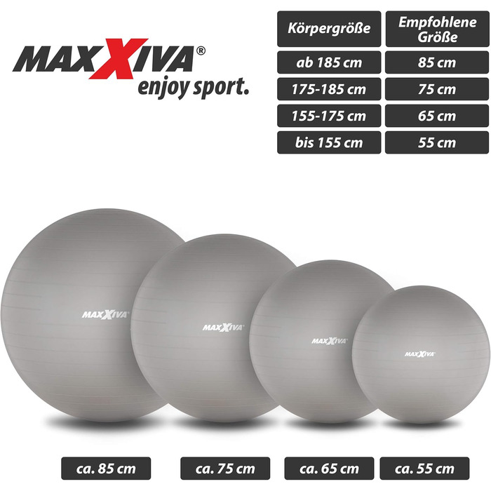 Фітбол MAXXIVA 75 см сріблястий, анти-вибух, з насосом, до 250 кг, для йоги, пілатесу, реабілітації та фітнесу