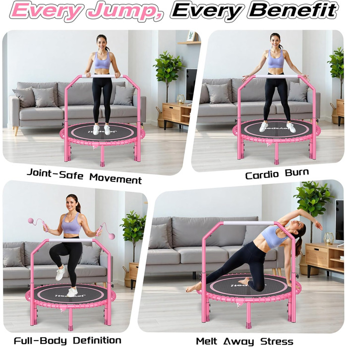 Міні-батут для фітнесу JOY SPOT! Ø102 см, складний, з пружинами та регульованою ручкою, вантажопідйомність 204 кг, для дому та вулиці, з скакалкою