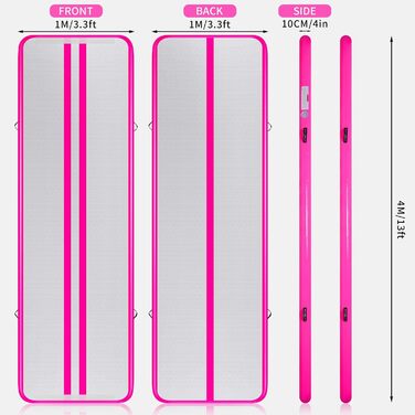 Гімнастичний надувний мат для занять та йоги, 400x100x10 см, рожева