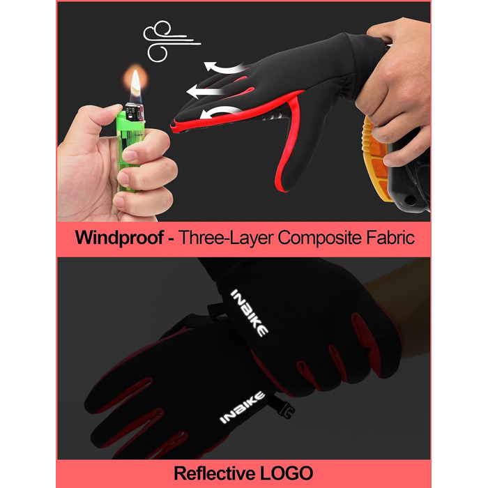 Зимові рукавички для катання на лижах та велосипеді з сенсорним екраном, Winddicht, теплі, WF709, зелені (чорно-червоні), розмір S