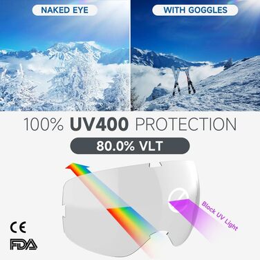 Лижна маска RIOROO для окулярів, подвійна лінза, 100% UV захист, антифог, чорна рамка, прозорі лінзи (VLT 80%), для чоловіків, жінок і підлітків, сумісна з шоломом, для сноуборду, мотоциклу, велосипеда