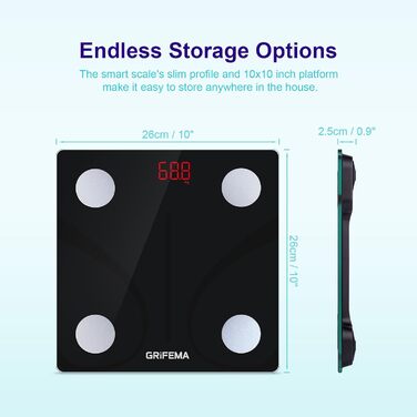 Ваги GRIFEMA Digitale Personenwaage з вимірюванням жиру та м'язової маси, Bluetooth, для BMI, протеїну, чорного кольору. Підключення через додаток.