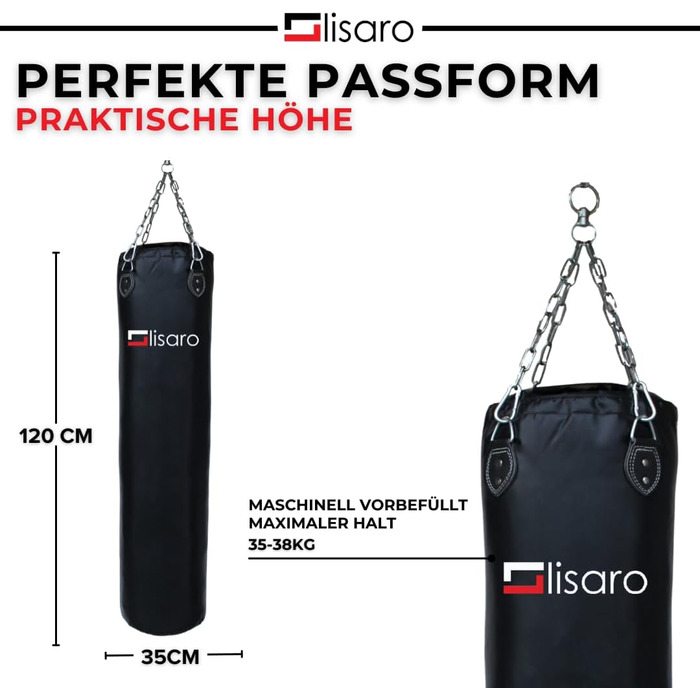 Боксерський мішок Lisaro Profi Boxsack (120x35 см), наповнений, для боксу, кікбоксингу та MMA, штучна шкіра (вініл), з 4-точковим сталевим ланцюгом, чорний