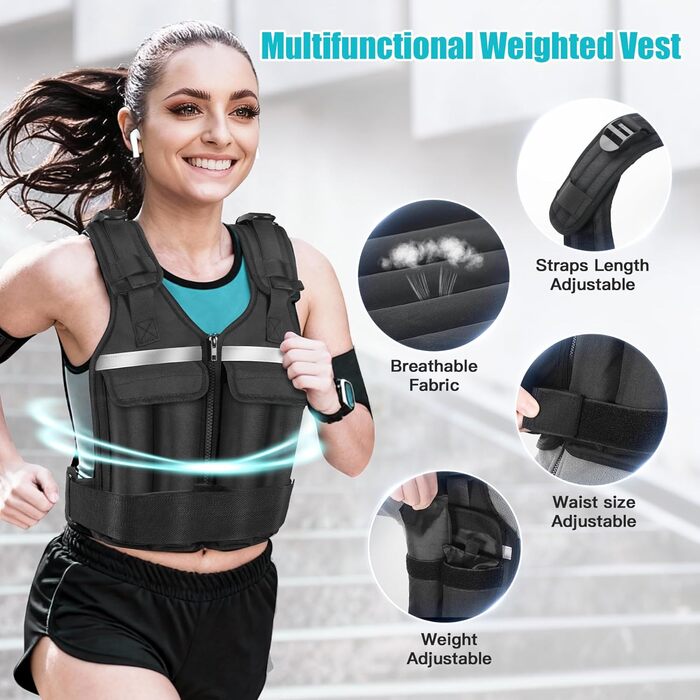 Регульована вагова жилетка для жінок та чоловіків, 0,6 - 8,7 кг, 9 вантажних пакетів, для фітнесу, силових тренувань, бігу та ходьби