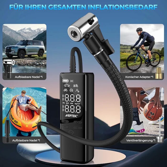 AGPTEK електричний насос-компресор 150PSI 75000mAh 12В з LCD-дисплеєм, LED-підсвіткою, для шин авто, велосипедів, мотоциклів і м'ячів