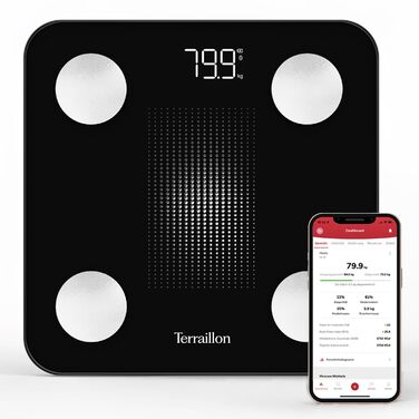 Інтелектуальна вага TERRAILLON WEIGHT CONNECT з Bluetooth, аналіз складу тіла (жир, м'язи, вода, кістки), BMI, ємність 180 кг, шкала 50 г, LED-дисплей, скляна платформа, чорний колір