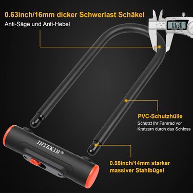 Замок для велосипеда U-подібний з кріпленням, 16 мм, 3 ключі, висока безпека, міцний, для мотоцикла, електровелосипеда, гірського велосипеда, скутера, внутрішні розміри 24,3 x 8,9 см
