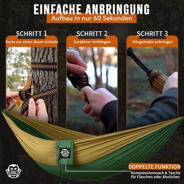 Гамак для відпочинку Monkey Swing Ultraleicht – легкий, міцний (300 кг), 275x140 см, для кемпінгу, трекінгу, подорожей (зелений/хакі)