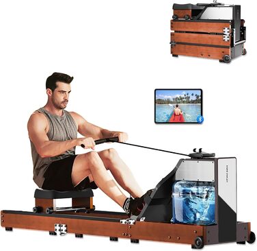 Гребний тренажер для дому з водним опором, 5 рівнів налаштування, 120 кг вантажопідйомність, сумісність з додатком, дуб