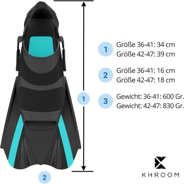 Преміум короткі ласти Khroom для дорослих, регульовані, для снорклінгу та плавання, розмір 36-47, бірюзові, з сумкою, Італія