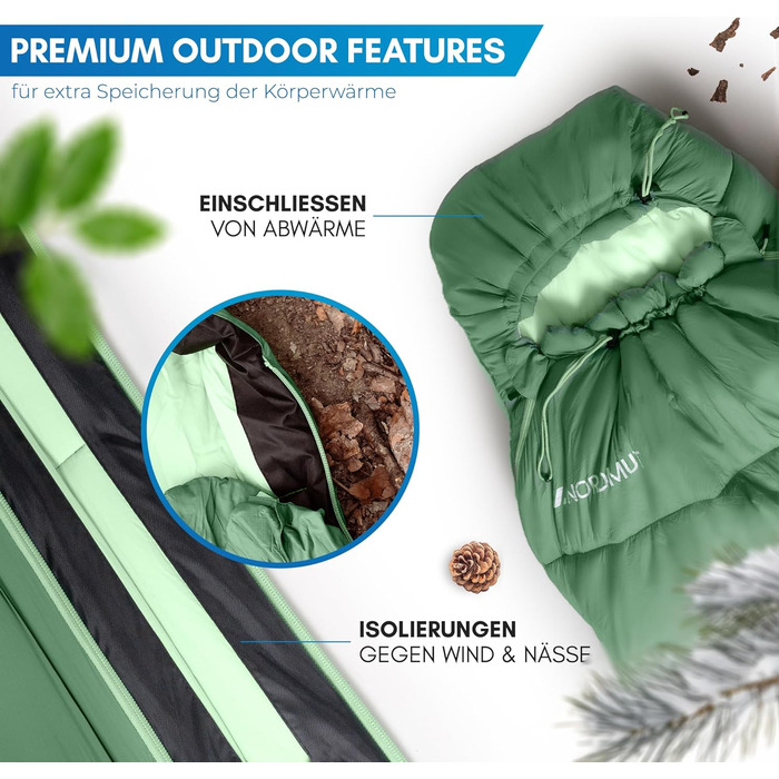 Сплячий мішок NORDMUT® Winter -10°C до 0°C, компресійний, для трекінгу та кемпінгу, 1.8 кг, водонепроникний, 350 GSM (зелений)