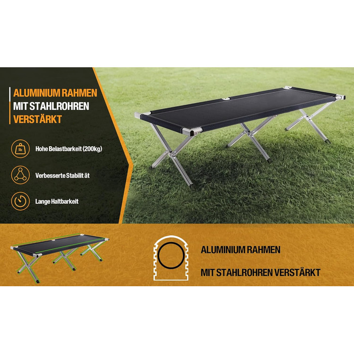Розкладне ліжко Kronenburg XXL для кемпінгу, 210x72x45 см, міцний сталевий каркас, чорний колір, до 200 кг