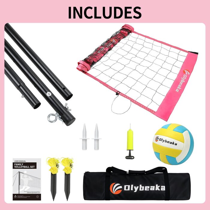 Набір для волейболу на відкритому повітрі: портативна сітка, м'яч PU, насос, сумка та міцна сітка (20 футів, рожевий)