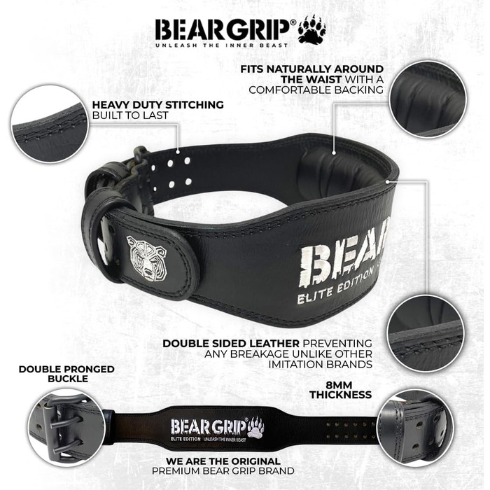 Пояс для важкої атлетики BEAR GRIP Elite, преміум, подвійна шкіра, чорний, розмір S
