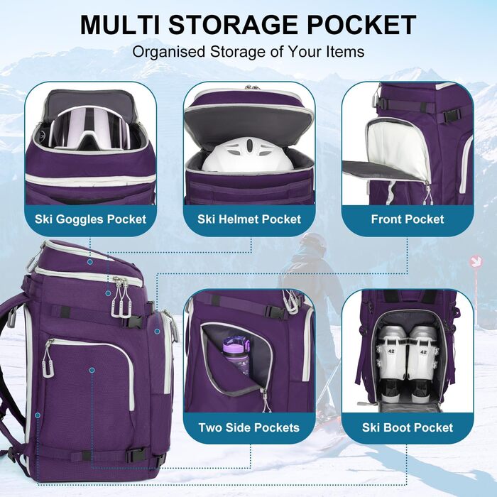 Чохол для лижних черевиків з відділенням для шолома, 65L рюкзак для лиж, водонепроникний мішок для лиж, сумка для лижних черевиків, ковзанів, лижних окулярів, сноуборду, лижних рукавиць (Ліловий)