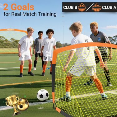 Ворота для футболу Dimples Excel Pop-Up – розкладні для дітей | 1 або 2 шт. у розмірах 120x90 / 152x110 / 213x152 см | 3 кольори на вибір | Опційно з м'ячем, насосом, фігурками та мішенню | Для саду та як подарунок (2-152x110 Оранжевий+Аксесуари)