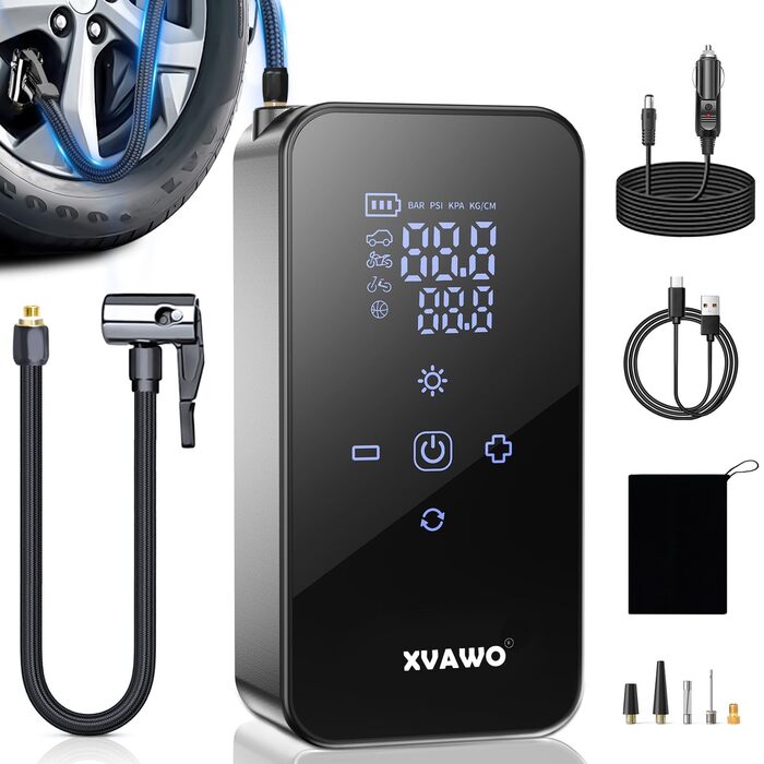 Електричний міні-компресор для накачування шин: насос для велосипеда, авто, мотоцикла, електровелосипеда та м'ячів з цифровим дисплеєм та акумулятором