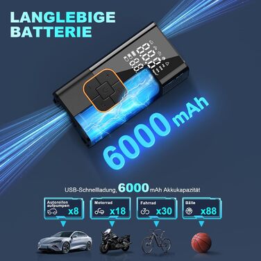 Міні електричний насос 6000mAh, портативний компресор 150PSI з LED, для велосипеда, авто, мотоцикла, м'ячів, універсальні насадки
