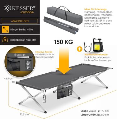 Кемпінгове ліжко KESSER® розкладне, з сумкою, ліхтарем та кишенею, 190/210 см, металевий каркас, 150 кг, 600D Oxford