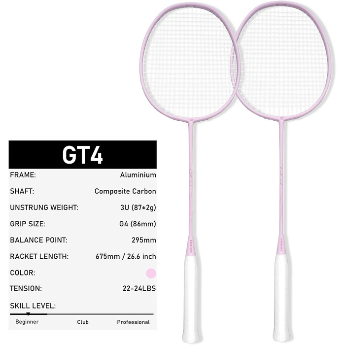 Набір для бадмінтону OGEENIER: 2 ракетки, обмотка, 2 волани, 1 ракетка з сумкою (білий, рожевий, 3 1/4 дюйма)