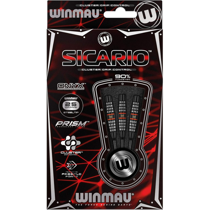 Дротики WINMAU Sicario 25 г, професійні, вольфрамові, з металевим вістрям, набір з оперенням і хвостовиками