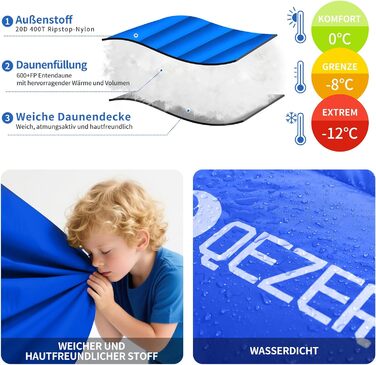 Сплячий мішок пуховий теплий зимовий 0°C -23°C для дорослих та дітей, 4 сезони, кемпінг, відпочинок на природі, чорний, сапфіровий блакитний