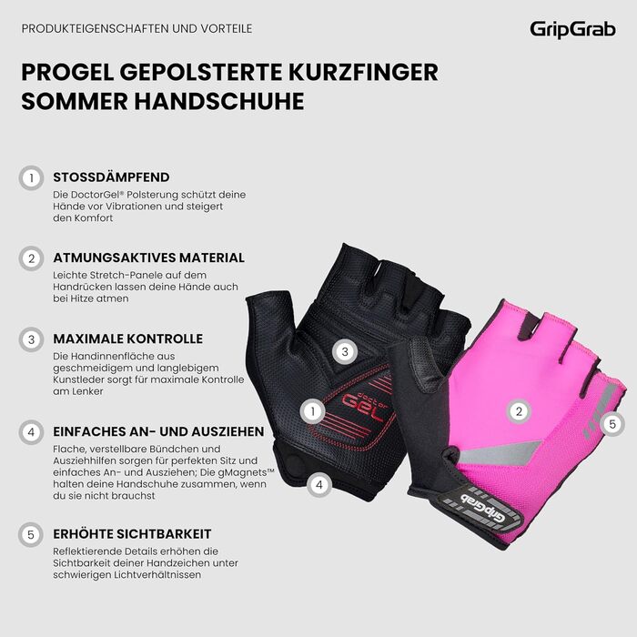 Велосипедні рукавички GripGrab ProGe 4mm DoctorGe для їзди на велосипеді влітку, рожеві, з підвищеною видимістю (M)