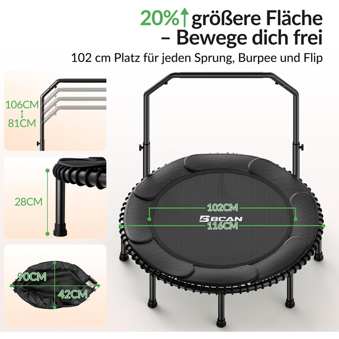 Міні-батут BCAN для дорослих, 102/122 см, до 204/250 кг, з бунжеєвими тросами, регульованою ручкою, стабільний, тихий, для дому та вулиці, тренування всього тіла, релаксація, зелений (122см, 122см-чорний з м'якою обшивкою)