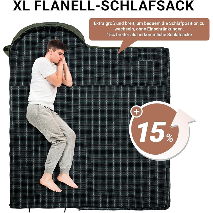 Сплячий мішок KingCamp Flannel для дорослих, 3-4 сезони, ультралегкий, бавовна, теплий, ковдровий, водонепроникний, для кемпінгу (зелений/коричневий, L, блискавка)