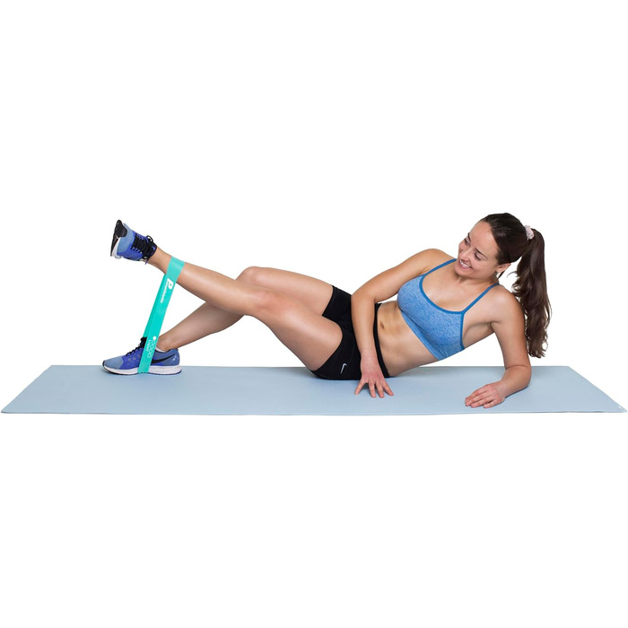 Набір фітнес-гумок Panathletic, 5 шт. – різні рівні опору, інструкція, eBook, сумка – 5 фітнес-гумок, гімнастичний бандаж, еластична стрічка чорного, червоного, жовтого, синього, зеленого кольорів (синій)