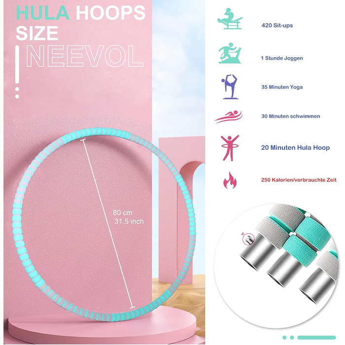 Hula Hoop NEEVOL для дорослих: фітнес, 1 кг, регульована вага, 8 вузлів (зелений)
